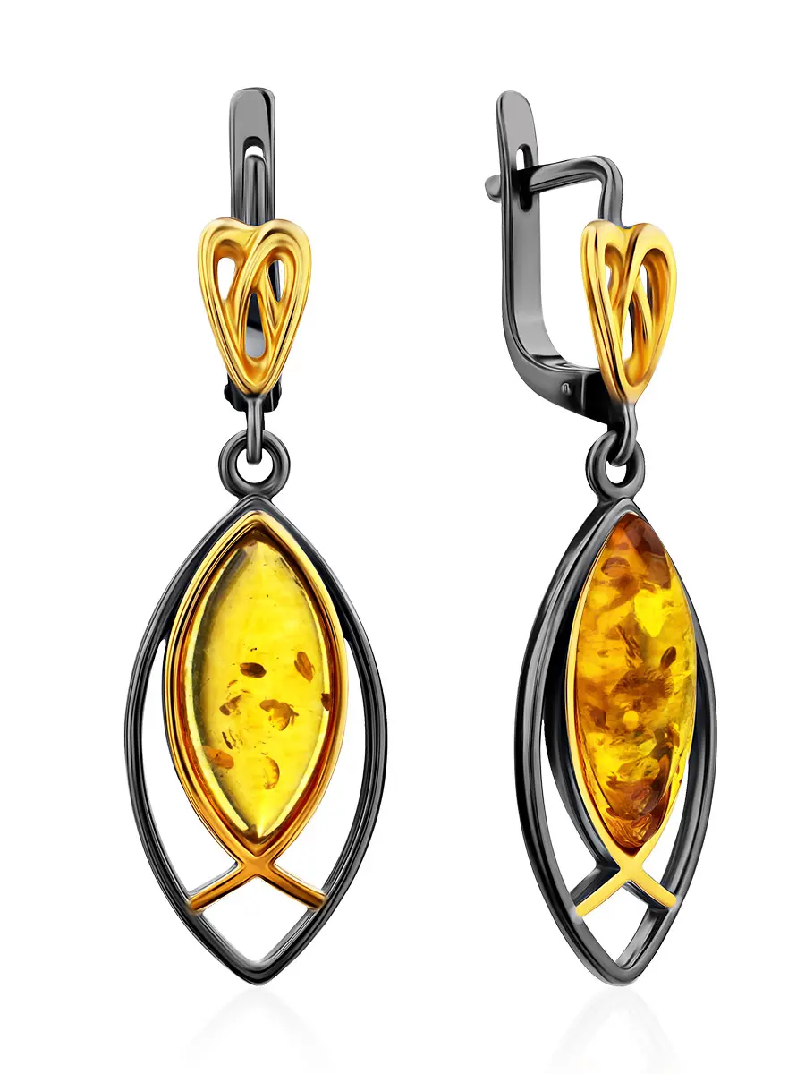 картинка Удлинённые серьги из натурального лимонного янтаря в серебре «Рыбка» в онлайн магазине