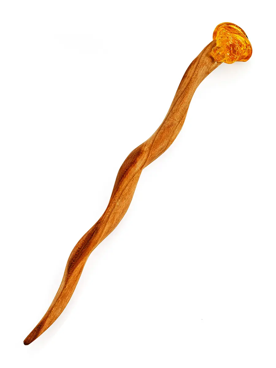 картинка Китайская шпилька для волос из дерева с янтарём «Улитка» в онлайн магазине