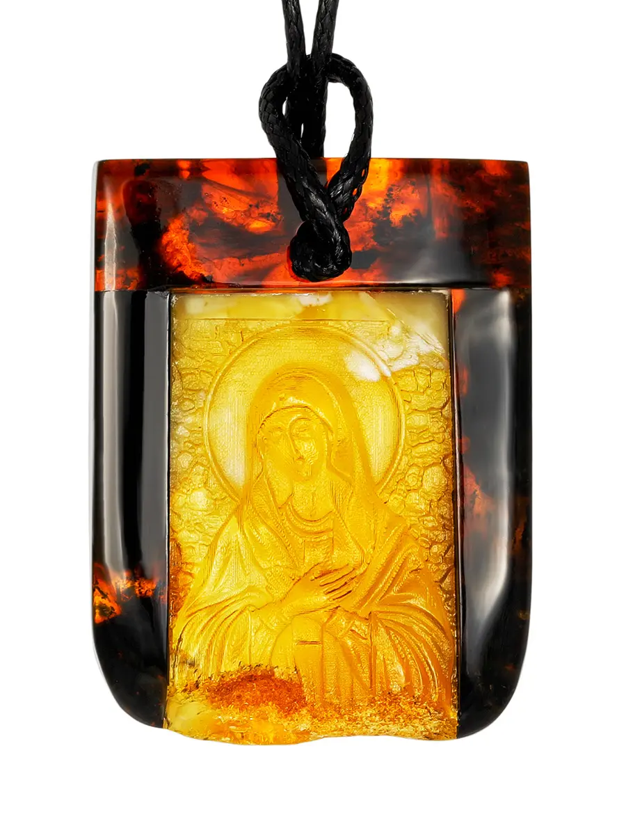 картинка Резная иконка-подвеска из янтаря «Богородица. Умиление (Радость всех радостей)» в онлайн магазине