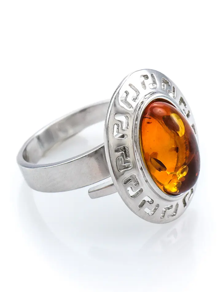 картинка Элегантное кольцо «Эллада» из серебра с натуральным янтарём коньячного цвета в онлайн магазине