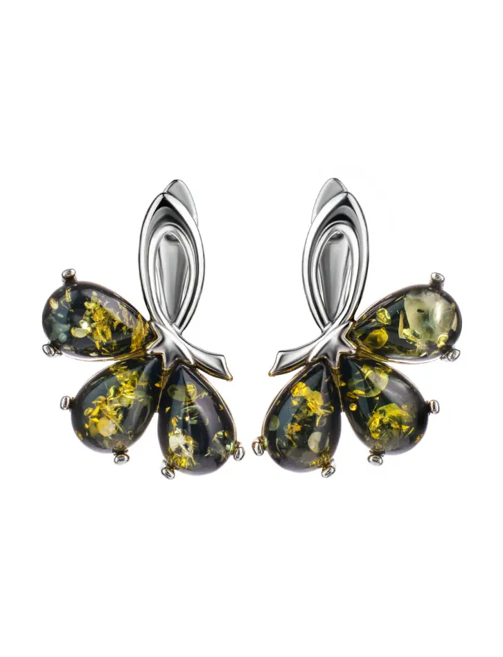 картинка Серебряные серьги с натуральным балтийским янтарём зелёного цвета «Одуванчик» в онлайн магазине