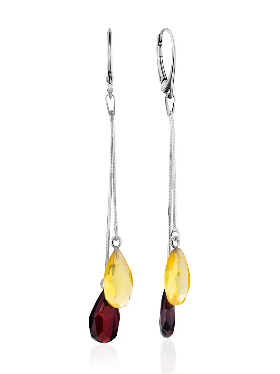 картинка Изящные удлинённые серьги с натуральным янтарём «Алмазные капли» в онлайн магазине