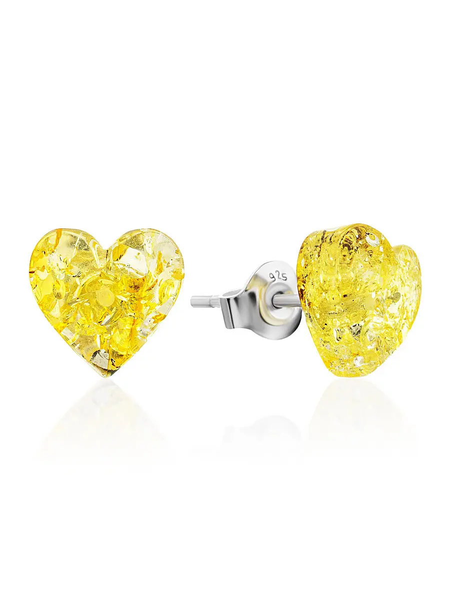 картинка Серьги-гвоздики из натурального янтаря «Сердца лимонные искрящиеся» в онлайн магазине
