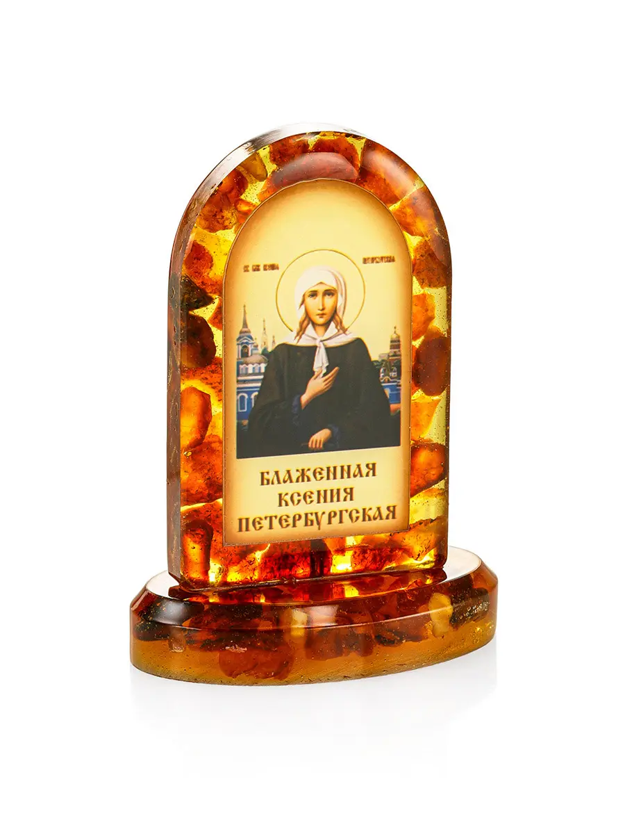 картинка Икона «Блаженная Ксения Петербуржская» в литой оправе с янтарём в онлайн магазине