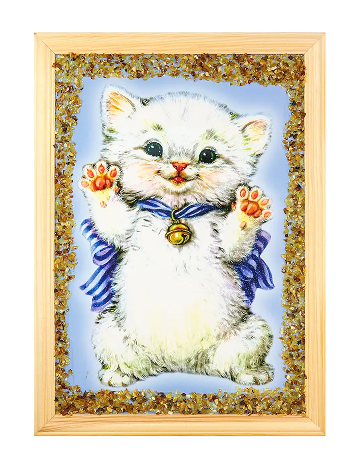 картинка Декоративное панно с очаровательным котёнком, украшенное янтарём «Поиграй со мной» 32 (В) х 23 (Ш)  в онлайн магазине