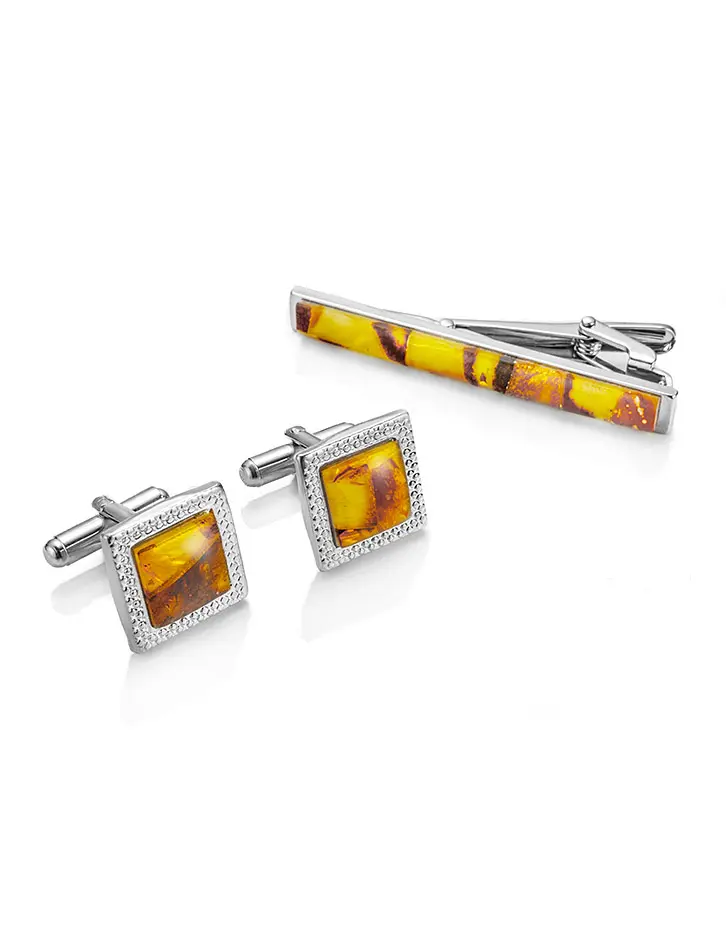 картинка Набор: квадратные запонки и зажим для галстука с медовым янтарем в онлайн магазине
