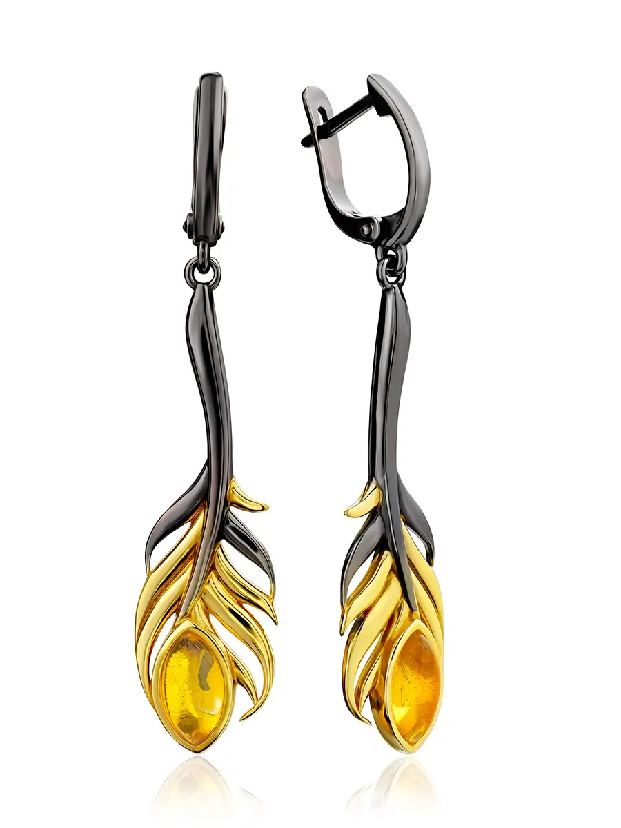 картинка Изящные удлинённые серьги, украшенные лимонным янтарём «Пёрышко» в онлайн магазине