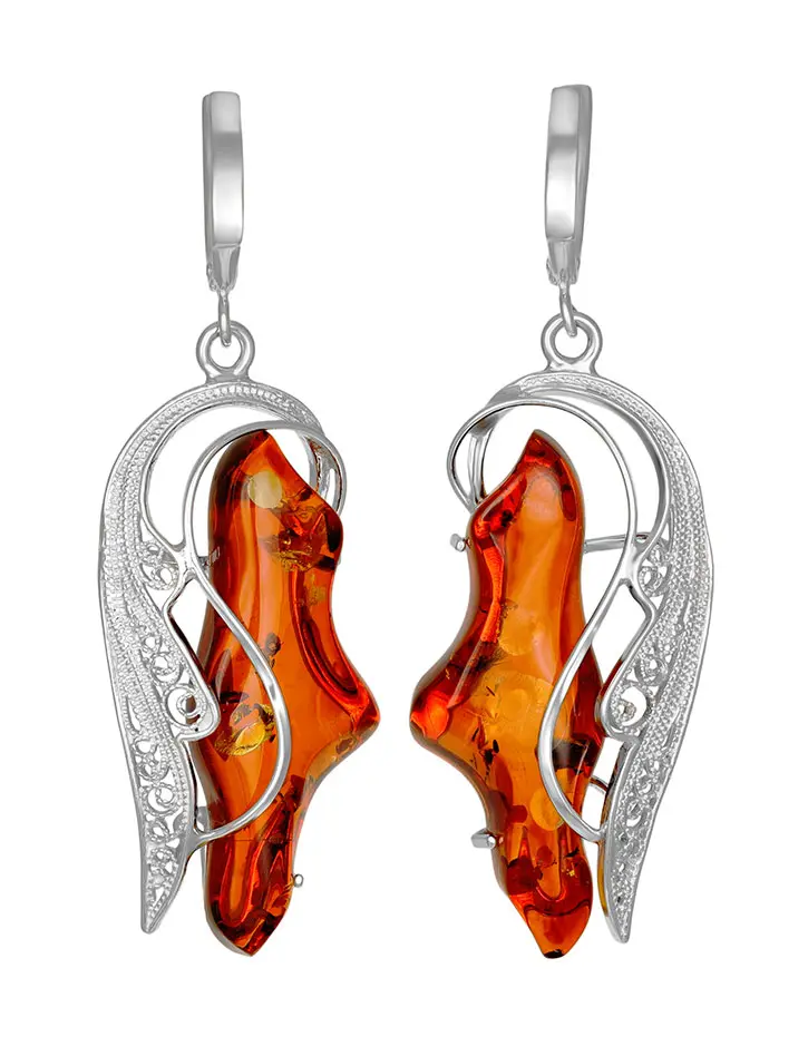 картинка Роскошные серебряные серьги с натуральным янтарём коньячного цвета «Крылышко» в онлайн магазине
