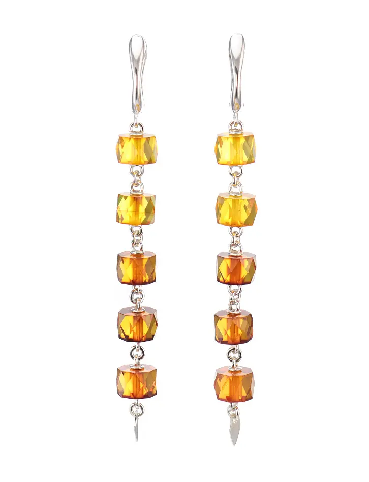 картинка Эффектные нарядные серьги из серебра и натурального балтийского янтаря «Карамель алмазная» в онлайн магазине