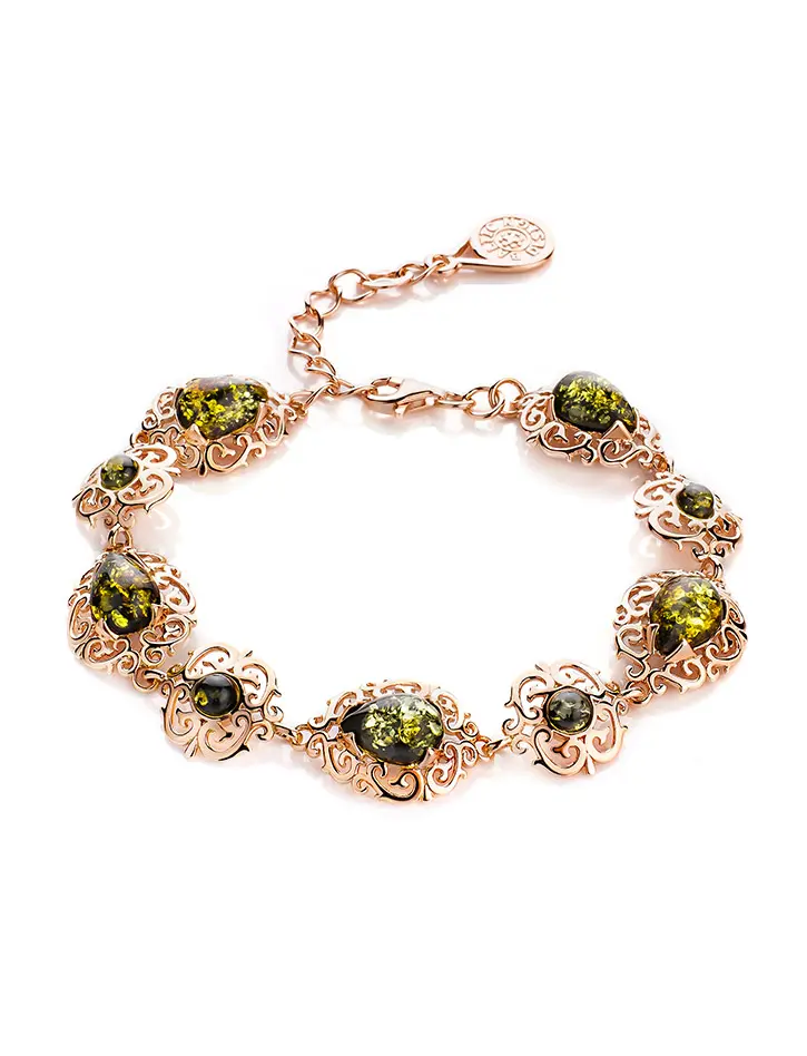 картинка Изысканный позолоченный браслет с натуральным зелёным янтарём «Луксор» в онлайн магазине