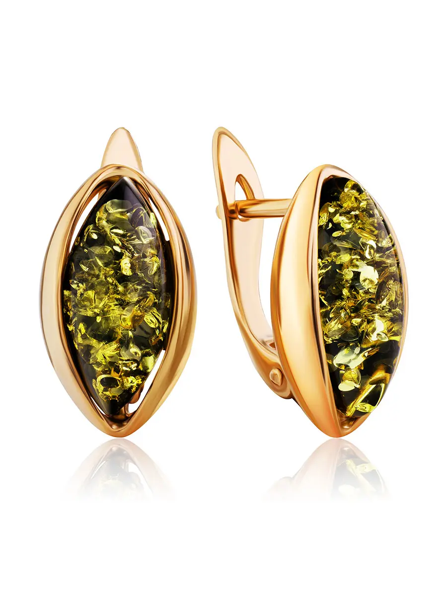 картинка Серьги классической формы из золота с янтарём зелёного цвета «София» в онлайн магазине