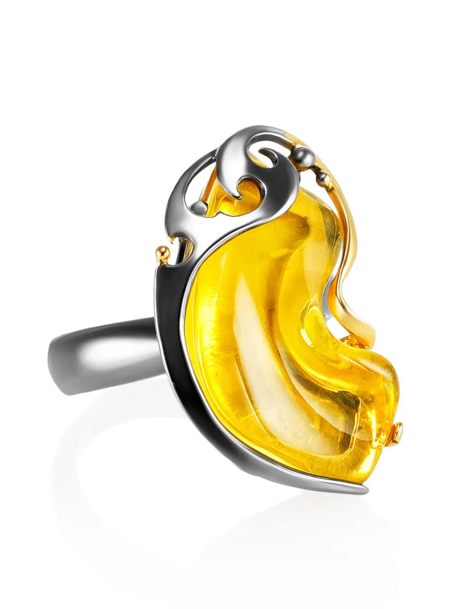 картинка Эффектное оригинальное кольцо из лимонного янтаря в серебре с позолотой «Версаль» в онлайн магазине