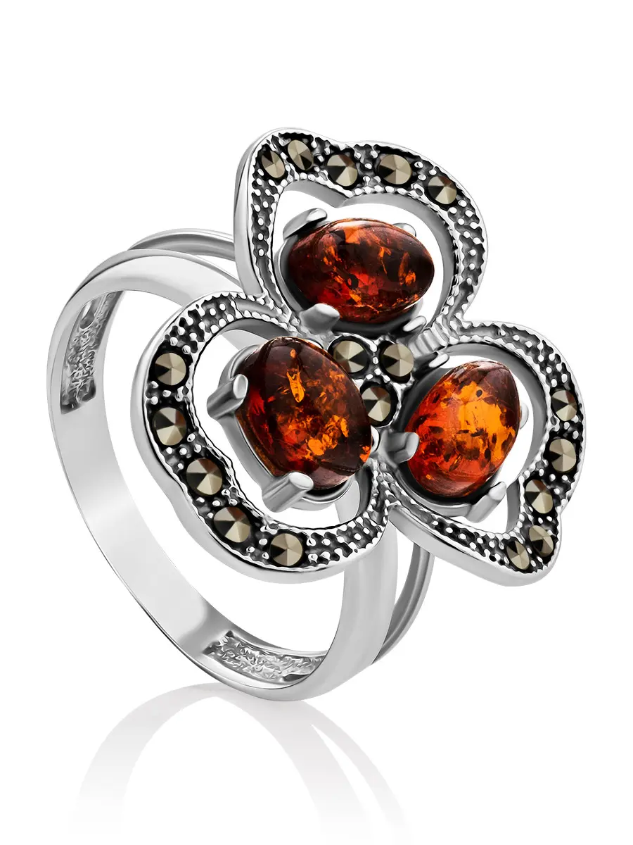 картинка Яркое женственное кольцо «Эйфория» из серебра с янтарём и марказитами в онлайн магазине