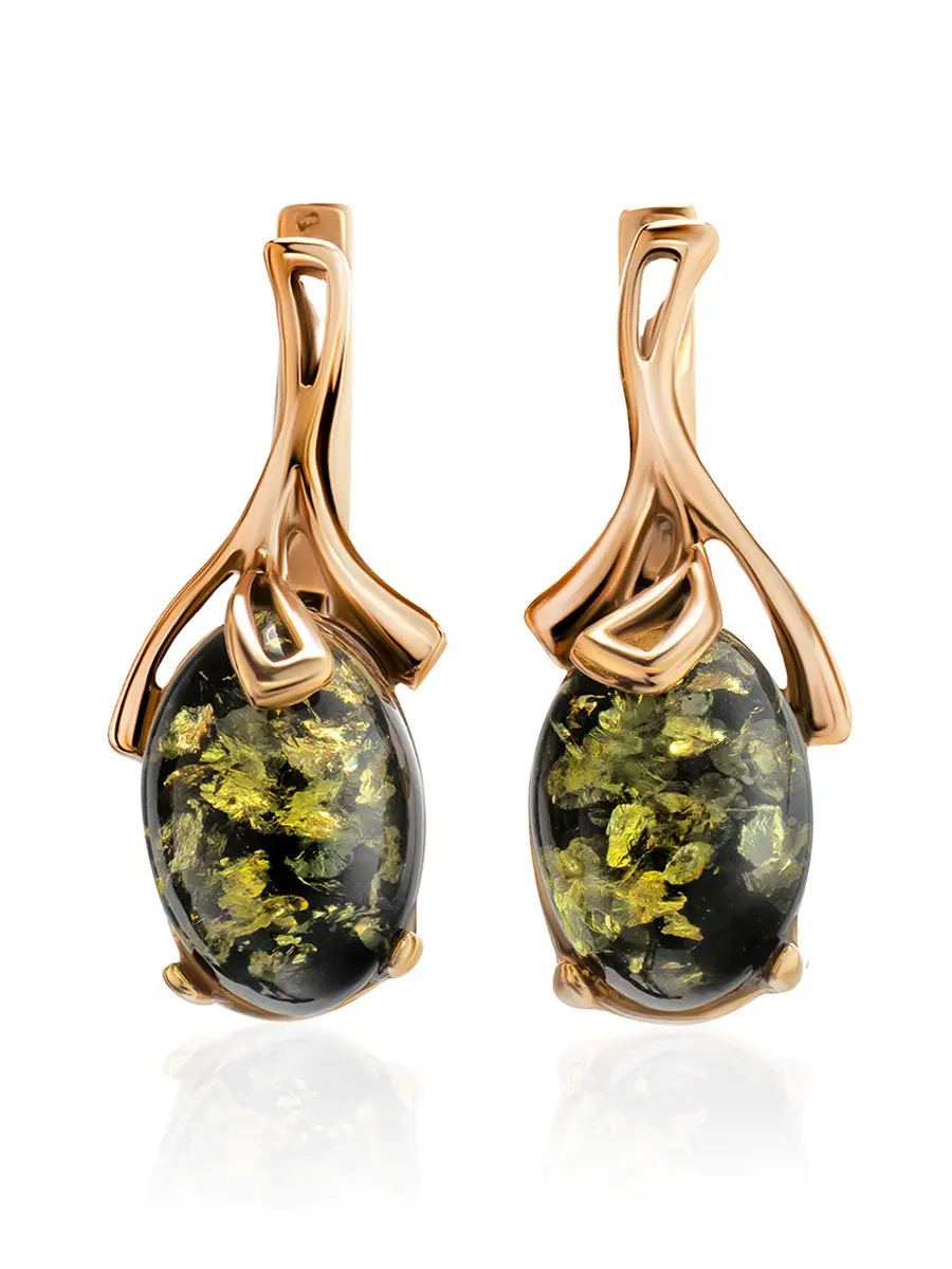 картинка Нарядные серьги «Крокус» с натуральным балтийским янтарём зелёного цвета в онлайн магазине