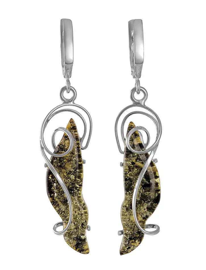 картинка Изысканные серьги из серебра с натуральным янтарём зелёного цвета «Риальто» в онлайн магазине
