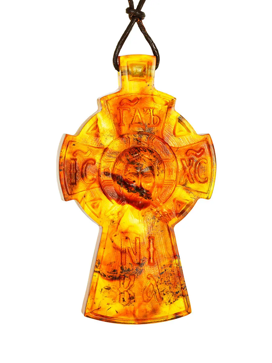 картинка Крупная подвеска с резьбой из натурального формованного янтаря «Новгородский крест» в онлайн магазине