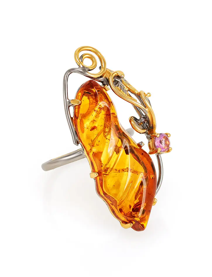 картинка Яркое эффектное кольцо из золочённого серебра с натуральным янтарём «Версаль» в онлайн магазине