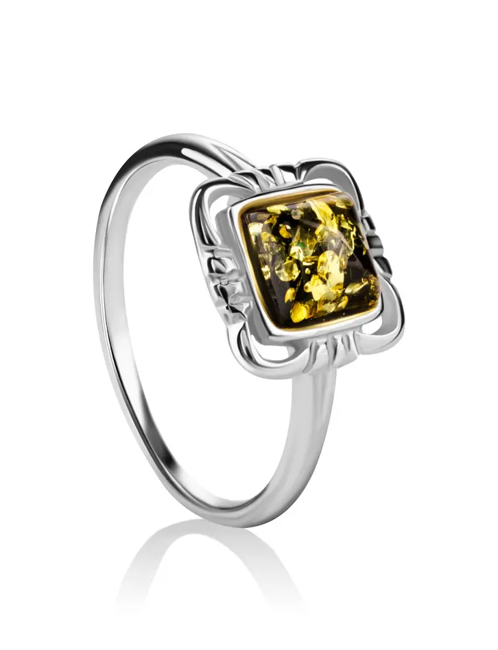 картинка Миниатюрное серебряное кольцо с натуральным зелёным янтарём «Лиссабон» в онлайн магазине