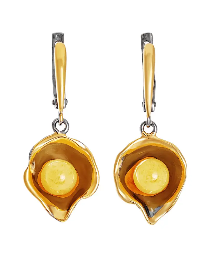 картинка Необычные серьги из золочённого серебра и натурального янтаря медового цвета «Турандот» в онлайн магазине