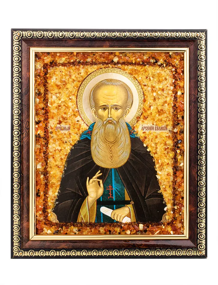 картинка Именная икона, украшенная натуральным янтарём «Преподобный Арсений Великий» в онлайн магазине