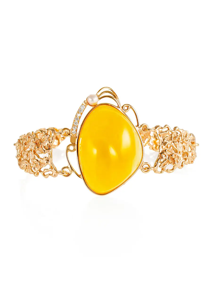 картинка Роскошный браслет «Прима» из позолоченного серебра с янтарем, жемчугом и фианитами в онлайн магазине