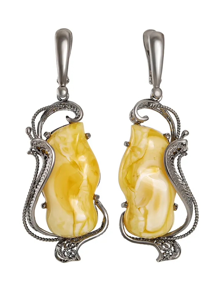картинка Изящные серьги из цельного янтаря медового цвета в серебре «Филигрань» в онлайн магазине
