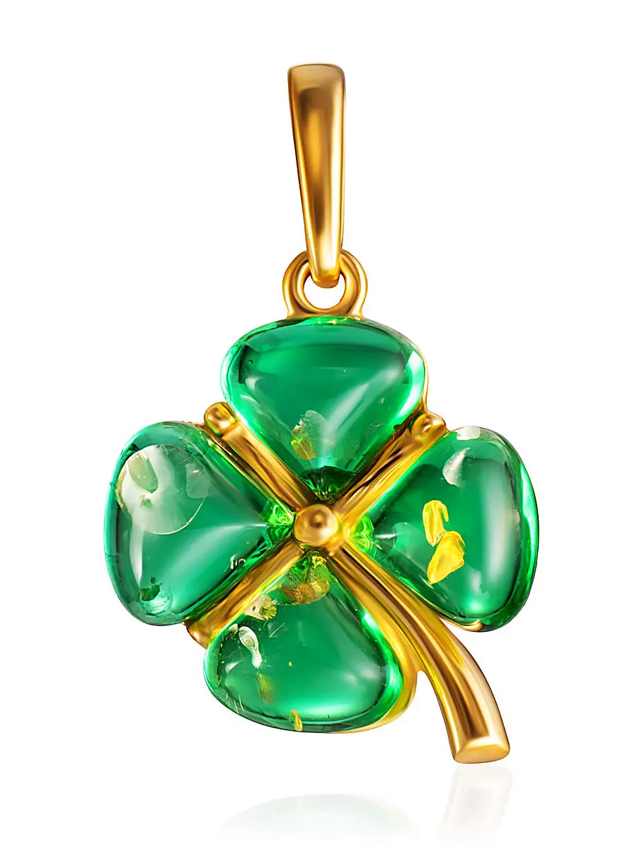 картинка Стильный кулон с янтарём изумрудного цвета «Клевер» в онлайн магазине