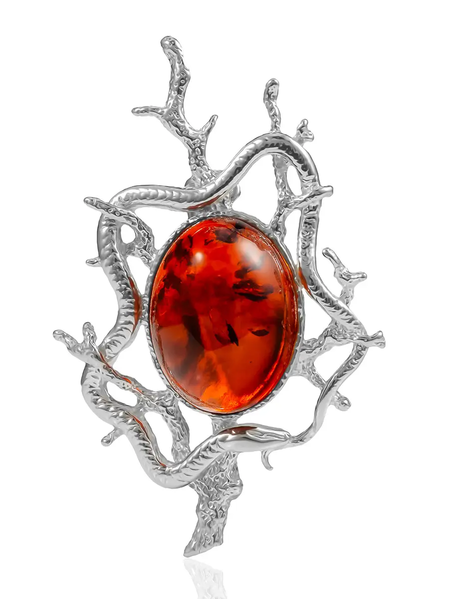 картинка Ажурная брошь «Ариэль» с тёмно-коньячным янтарём в онлайн магазине