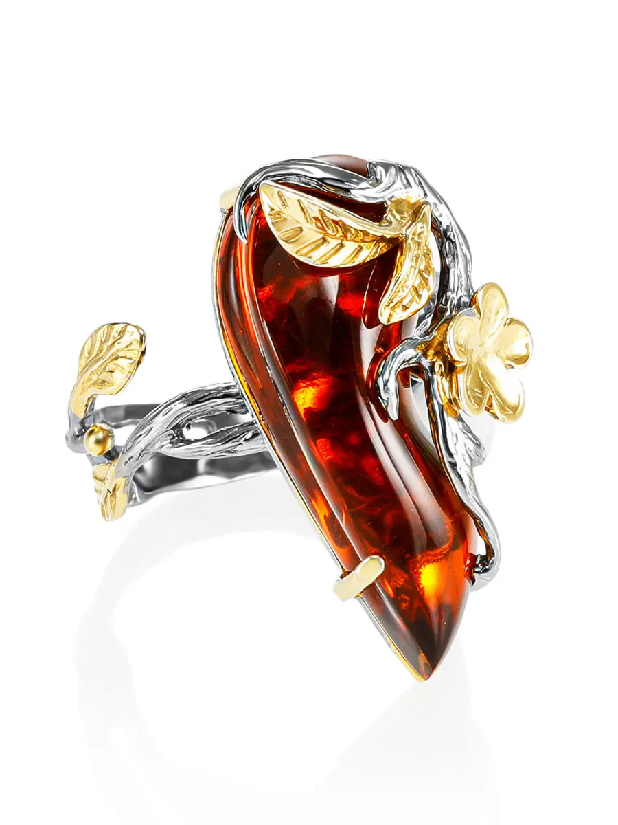 картинка Эффектное оригинальное кольцо из коньячного янтаря «Колибри» в онлайн магазине