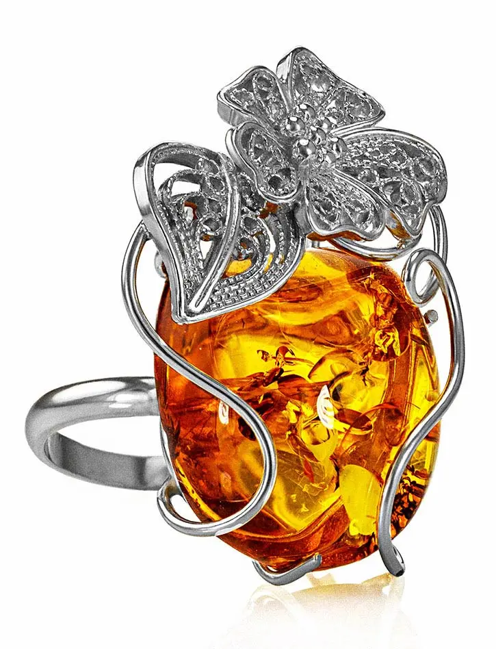 картинка Крупное серебряное кольцо с натуральным коньячным искрящимся янтарем «Филигрань» в онлайн магазине
