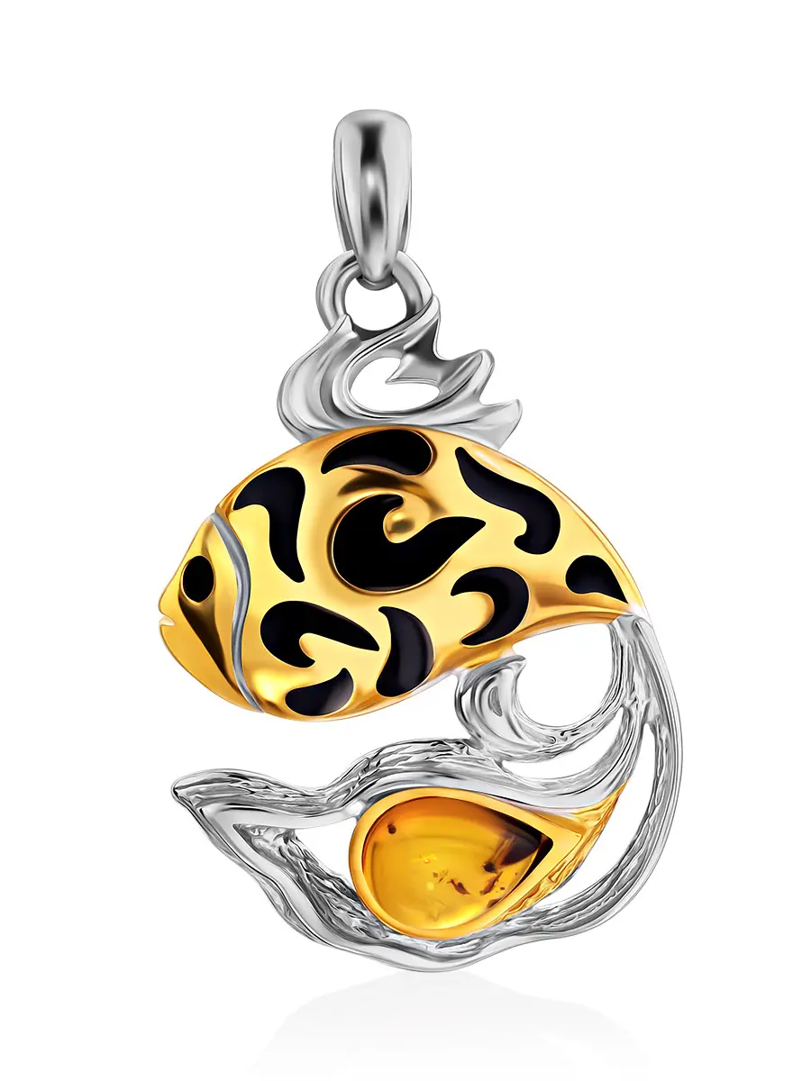 картинка Очаровательная подвеска «Рыбка» с золотистым янтарём в онлайн магазине