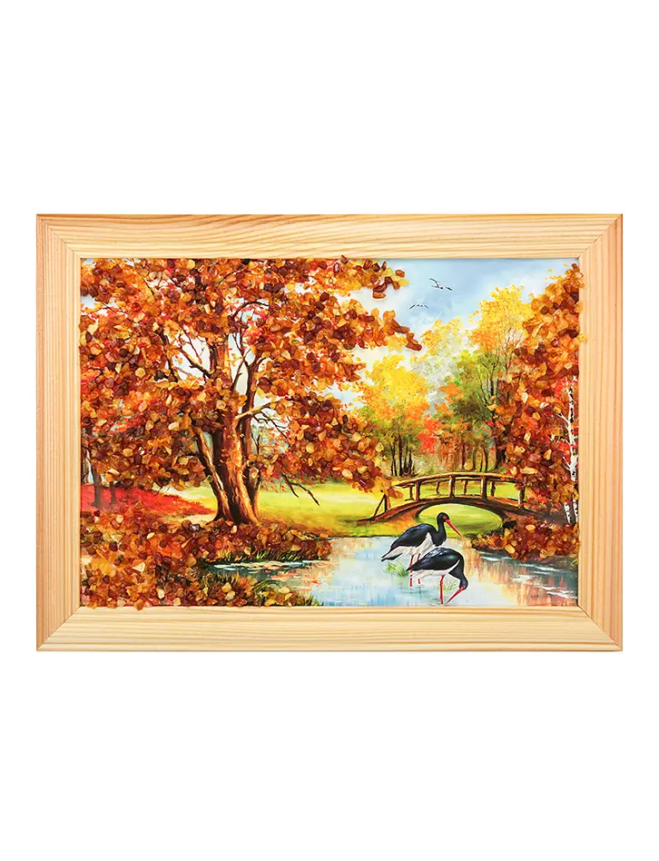 картинка Яркий летний пейзаж, украшенный натуральным янтарём «Чёрные аисты» 17 (В) х 24 (Ш) в онлайн магазине