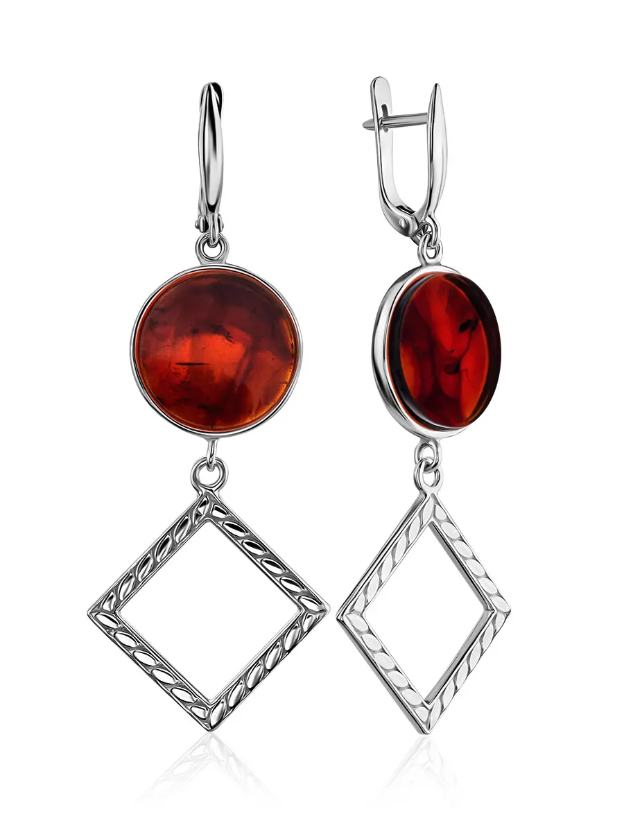картинка Серьги в геометричном дизайне из серебра и натурального янтаря «Каледония» в онлайн магазине
