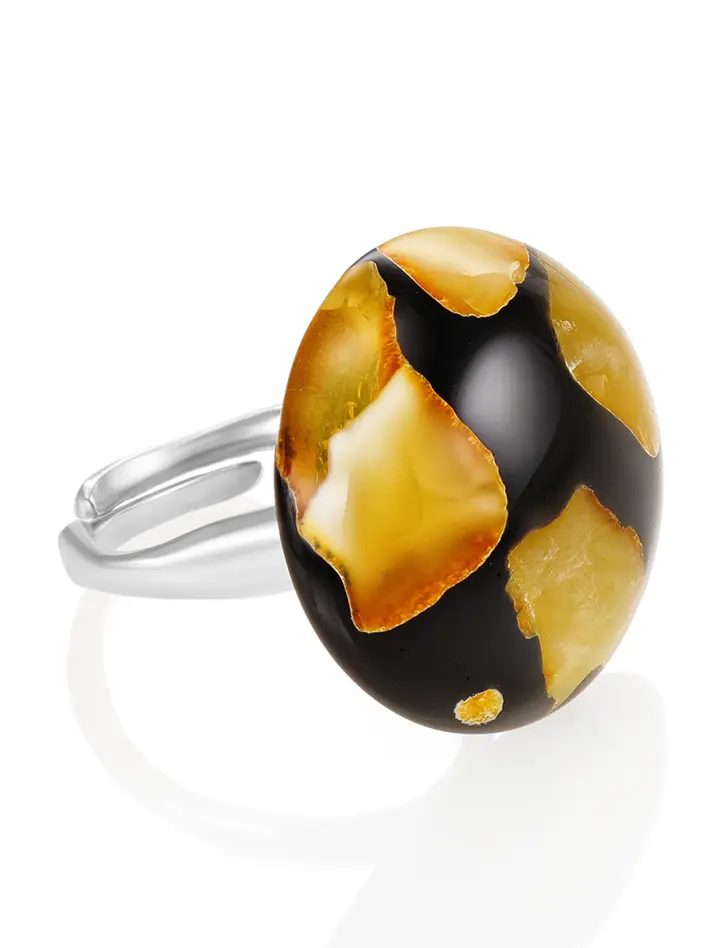 картинка Кольцо «Далматин» черного цвета с натуральным балтийским янтарём в онлайн магазине