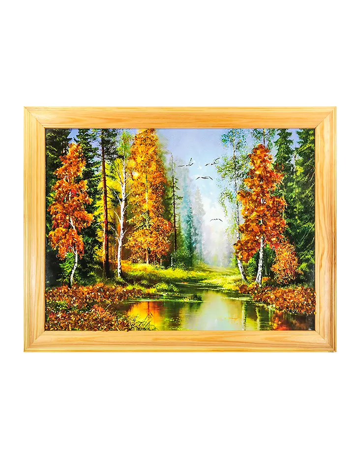 картинка Горизонтальная картина, украшенная натуральным янтарём «Тихая заводь» 35 см (В) х 45 см (Ш) в онлайн магазине