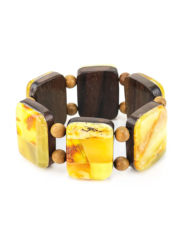 картинка Крупный плоский браслет из древесины, украшенный красивой мозаикой из натурального пестрого янтаря в онлайн магазине
