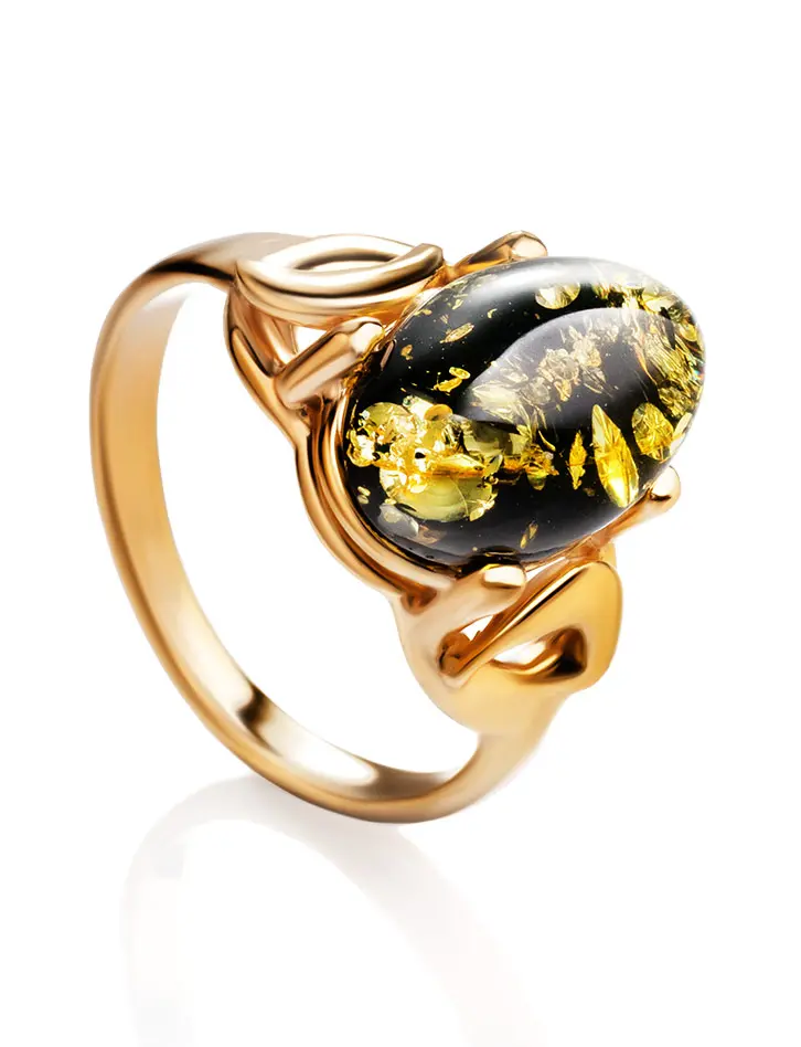 картинка Яркое кольцо с натуральным искрящимся зеленым янтарем «Пруссия» в онлайн магазине