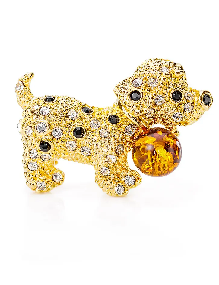 картинка Золоченная брошь с балтийским янтарём и кристаллами Beoluna®  «Собачка» в онлайн магазине