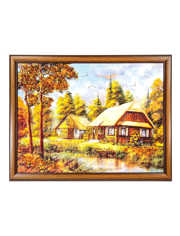 картинка Украшенная натуральным балтийским янтарём горизонтальная картина «Дома из сруба» в онлайн магазине