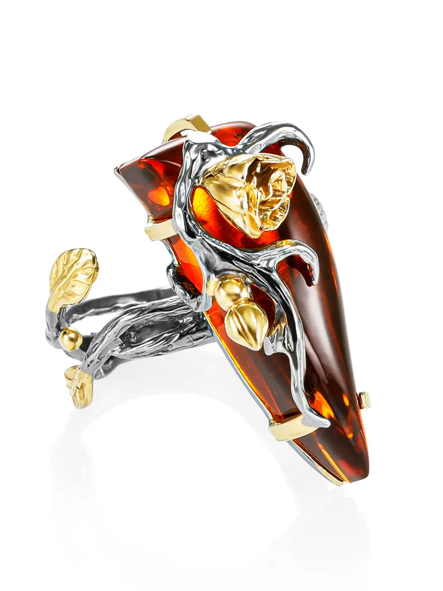 картинка Красивое кольцо из коньячного янтаря в оправе с цветком «Колибри» в онлайн магазине