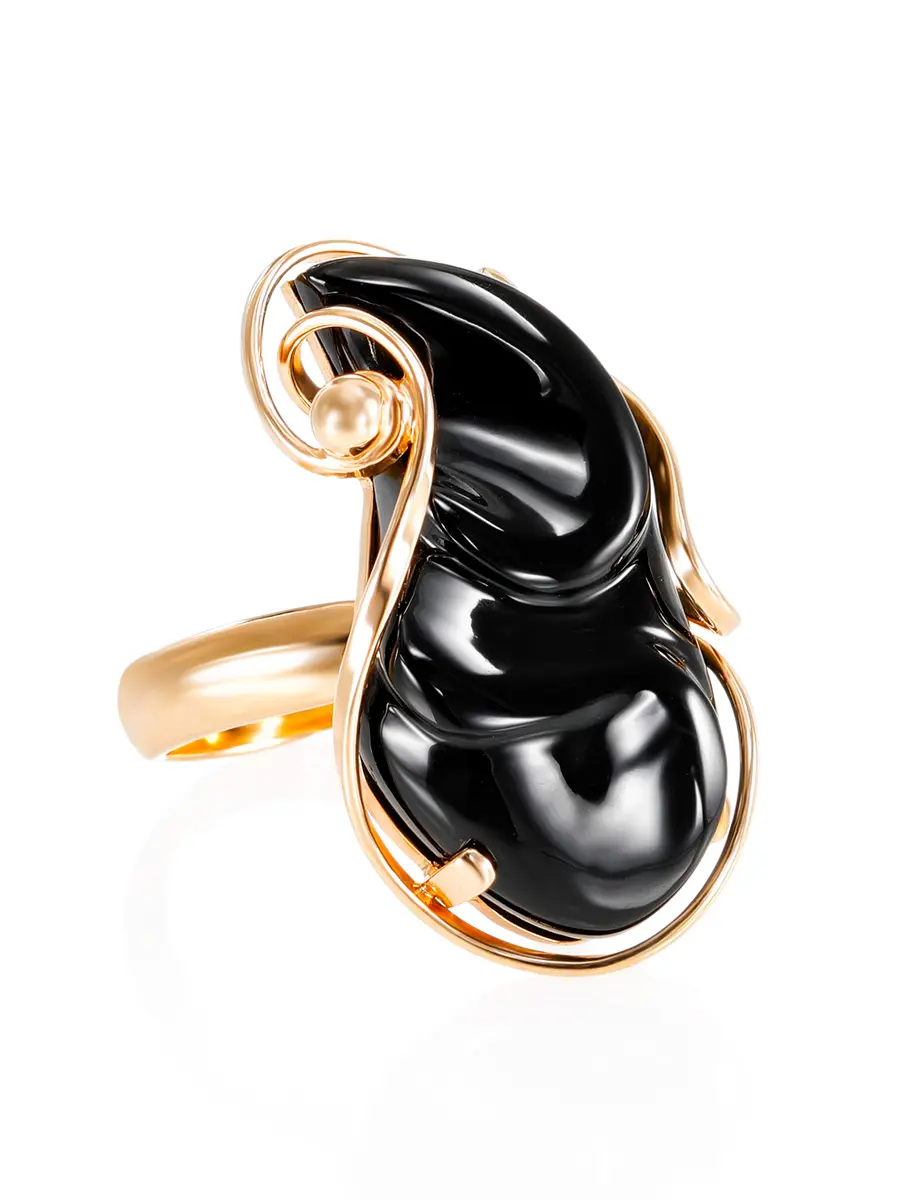 картинка Уникальное кольцо с чёрным ониксом в позолоченном серебре  «Серенада» в онлайн магазине