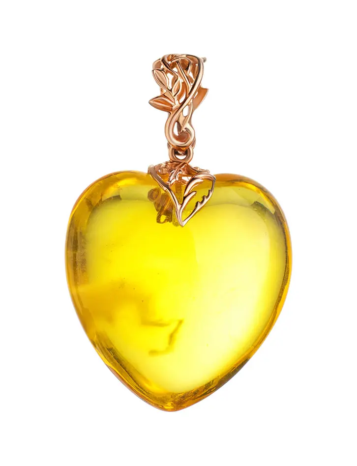 картинка Роскошный кулон из золота и цельного янтаря с облачком внутри «Сердце» в онлайн магазине