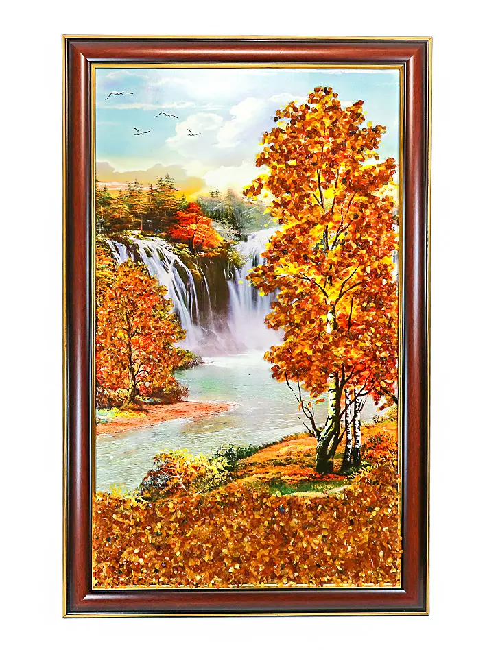 картинка Крупная вертикальная картина с натуральным янтарем «Осень в Альпах» в онлайн магазине