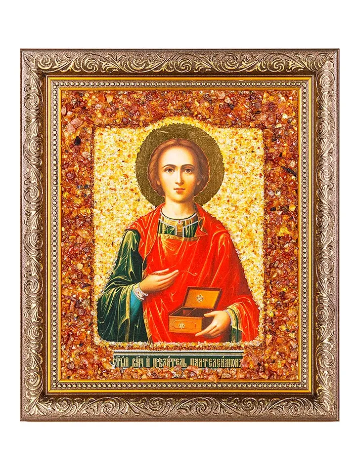 картинка Икона, украшенная натуральным балтийским янтарём «Святой целитель Пантелеймон» в онлайн магазине