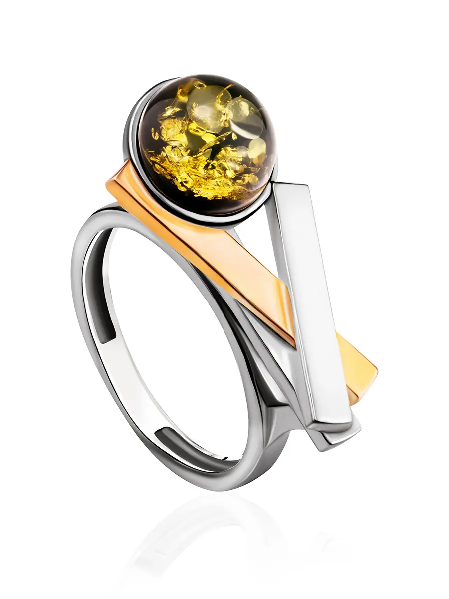 картинка Оригинальное кольцо из серебра с позолотой и зелёного янтаря «Люмьер» в онлайн магазине
