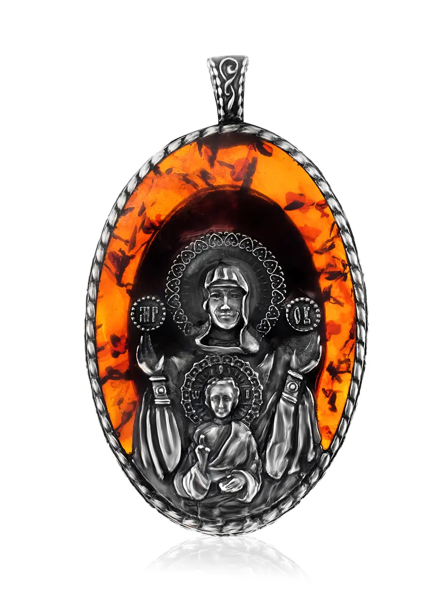 картинка Кулон-образок из серебра с янтарём Богоматерь «Знамение» в онлайн магазине