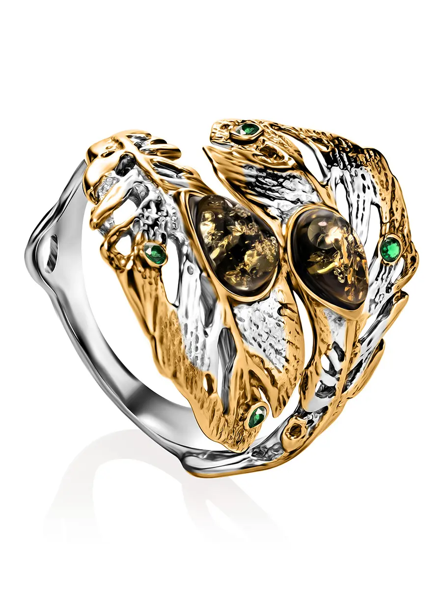 картинка Широкое кольцо с зелёным янтарём «Павлин» в онлайн магазине