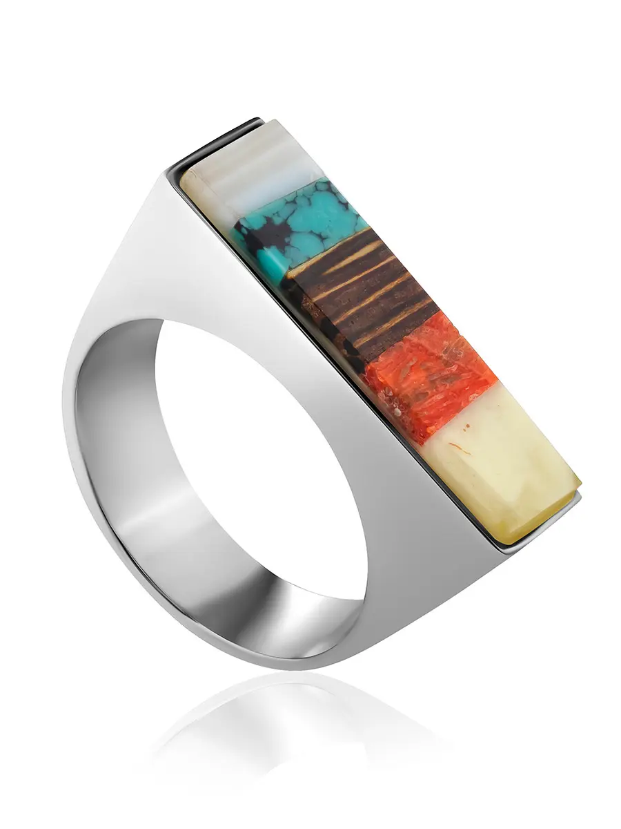 картинка Мозаичное кольцо с янтарём, бирюзой, деревом и перламутром London в онлайн магазине