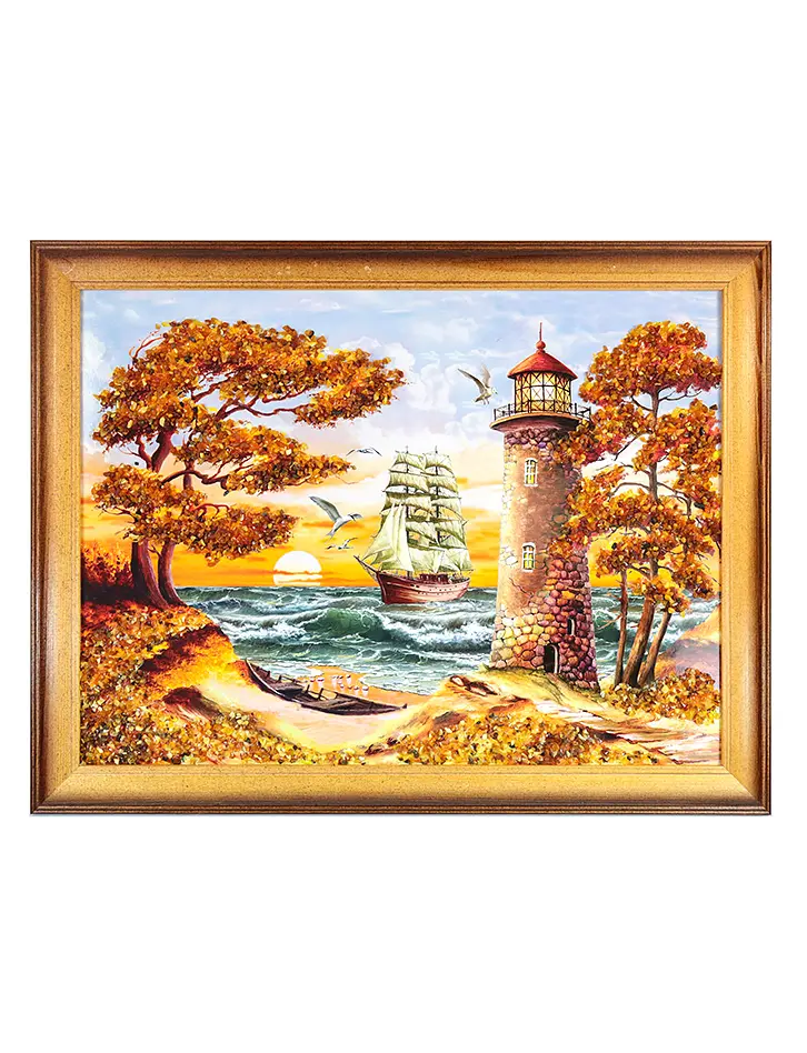 картинка Горизонтальное панно с натуральным янтарем «Парусник и маяк» в онлайн магазине
