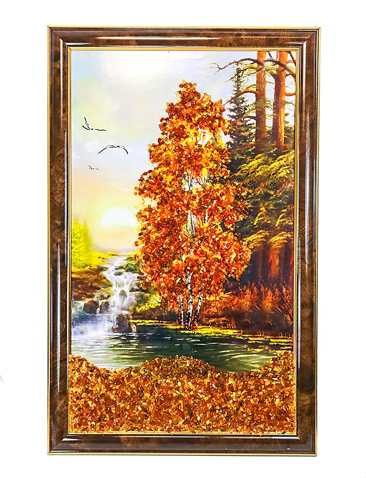 картинка Вертикальное панно с натуральным янтарем «Утро на реке» в онлайн магазине